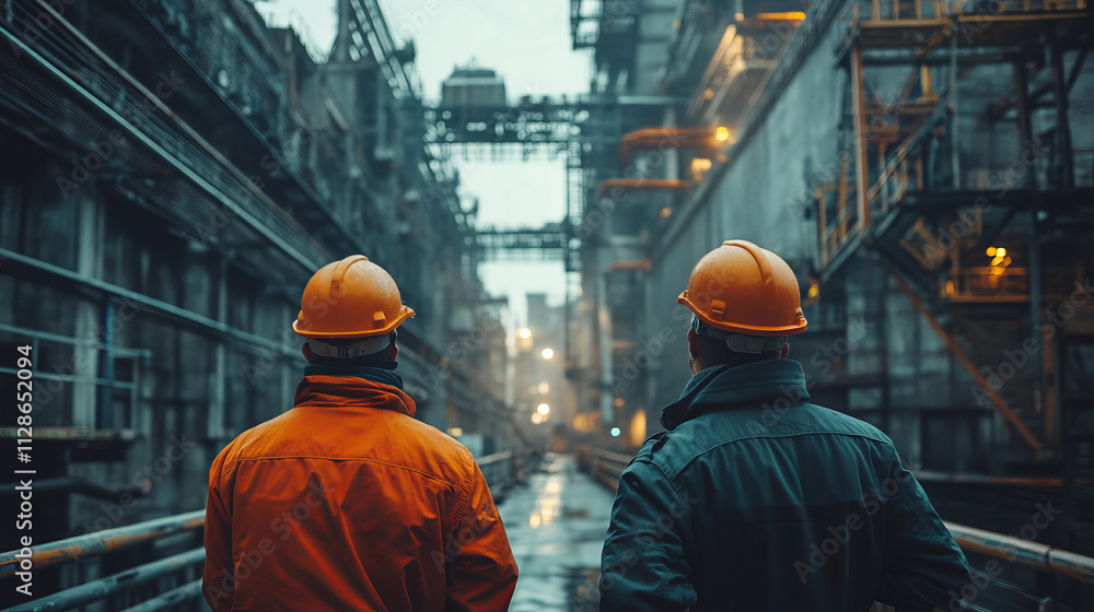 Poster inspecting large industrial site, engineers in helmets observe structure