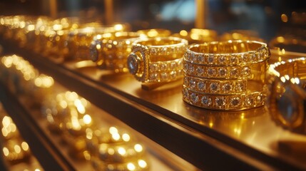 Luxurious Gold Diamond Rings Displayed In Showcase