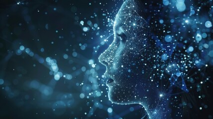 Artificial intelligence is generating a digital human face from a network of interconnected dots and lines, symbolizing the processing of big data and the rise of virtual humans in the digital age