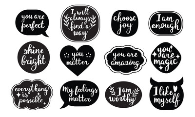 Black and white stickers about self  love, self acceptance. Hand written calligraphic self support phrases. Isolated on white vector illustration set