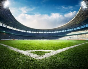 Fototapeta premium soccer stadium with illumination, green grass and night sky