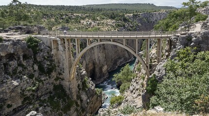 Fototapeta premium An impressive arch bridge, seemingly defying the rugged landscape, crosses a narrow gorge.