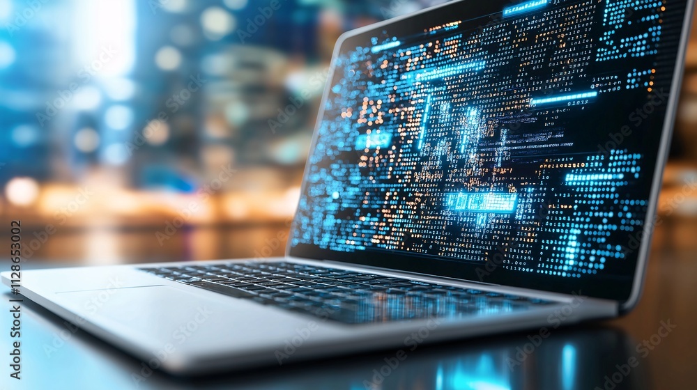 Poster futuristic laptop displaying complex data patterns with a soft bokeh background, representing innova