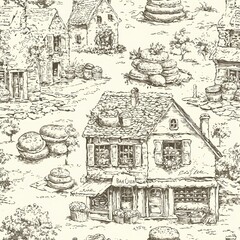 Obraz premium Charming Countryside Village with Cozy Homes and Baskets
