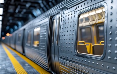 Obraz premium Photo of an open door on the side of a subway train at a New York City station,