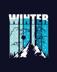 a winter scene with mountains and snow in the background vintage style t shirt design