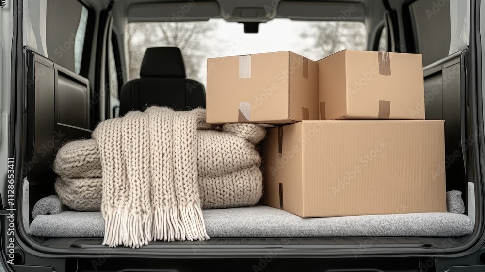 Poster empty moving truck interior shows boxes neatly stacked with folded blankets in the foreground, ready