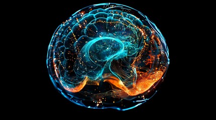Abstract brain visualization; glowing neural pathways and connections in vibrant blue and orange.