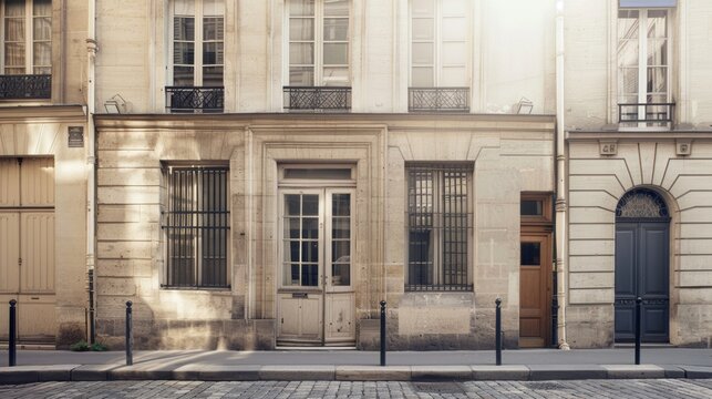 Elegant Parisian street view, modern minimalist building, full wall with windows and doors, warm sunlight, tranquil atmosphere, no people present.