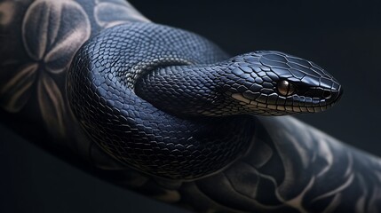 Black snake wrapped around a tattooed arm against a dark background.