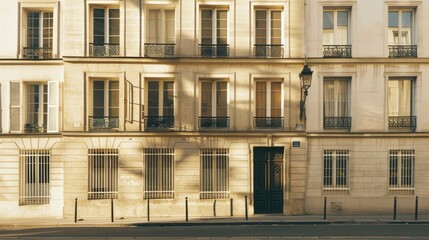 Obraz premium Elegant Parisian street view, modern minimalist building, full wall with windows and doors, warm sunlight, tranquil atmosphere, no people.