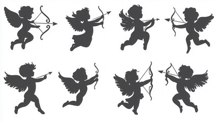 Set of Cupid of love with an arrow,cute cupid silhouettes,mythology of fantasy,Valentine's day concept,angel sketch isolated on white background,space for text.