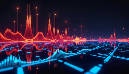 Digital audio waveform with vibrant colors and reflections for music and sound visualization concept, music production