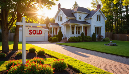 Beautiful sold house with sign in front yard during sunset showcasing a successful transaction, real estate agent 