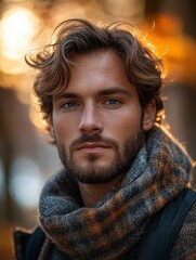 Fototapeta premium Handsome man with wavy hair wearing scarf, captured in a warm, golden light setting