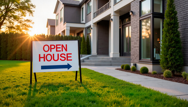 Open house sign with arrow in front yard of modern home during sunset, real estate agent 