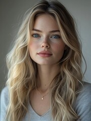 Fototapeta premium Young woman with blue eyes and wavy hair poses naturally in a softly lit indoor setting