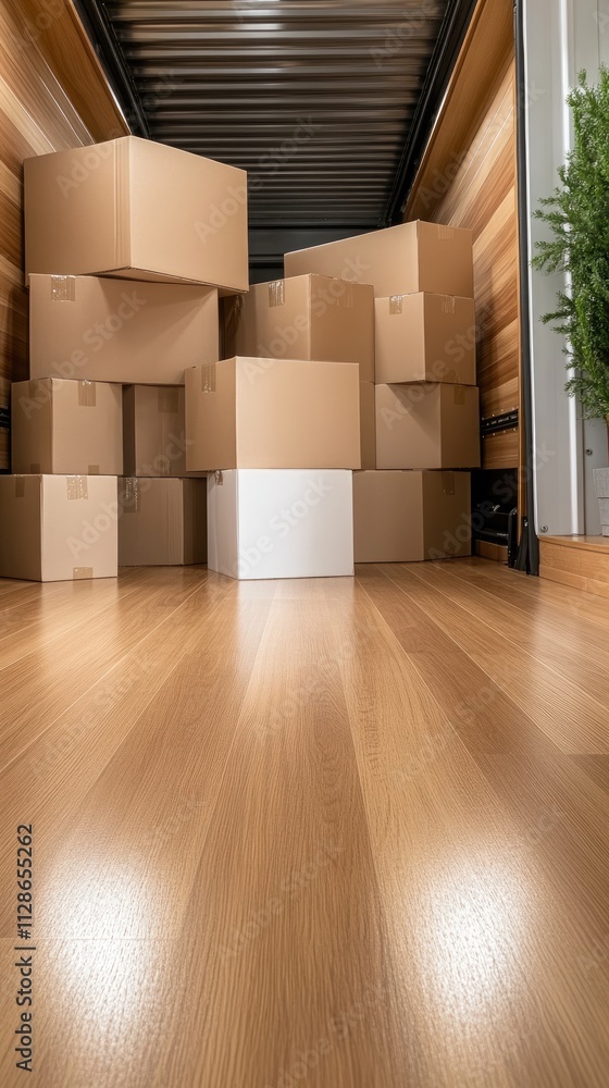 Poster empty moving truck interior shows boxes neatly stacked with folded blankets in the foreground, ready