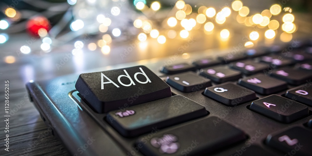 Poster bokeh effect of keyboard with focus on 'add' key surrounded by soft blurry lights for creative techn