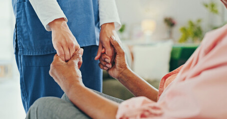 Empathy, senior woman and holding hands with nurse for compassion and comfort with grief, loss or...