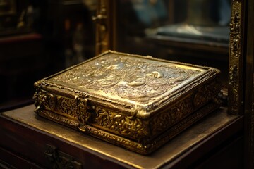 Ornate antique gold metal jewelry box with intricate carvings on a dark wooden surface.