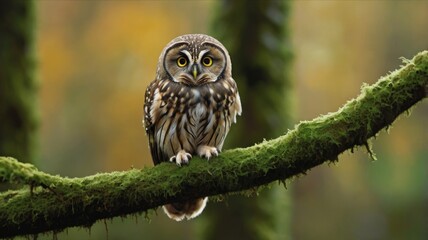Small owl perched on a moss-covered branch