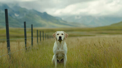 pet parent care safety. dog standing in grassy field with mountains in background
