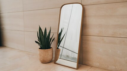A tall floor mirror leaning against a beige wall