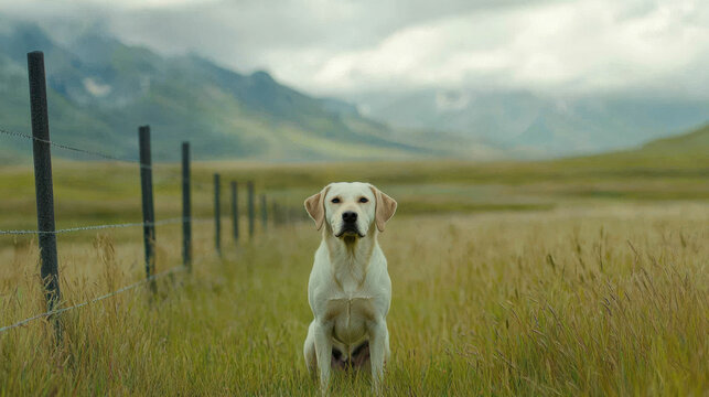 pet parent care safety. dog standing in grassy field with mountains in background - Powered by Adobe