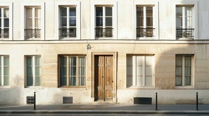 Fototapeta premium Minimalist architecture in Paris, full wall of windows and doors, warm afternoon light, tranquil street, no people present.