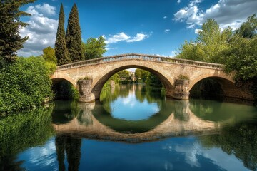 Fototapeta premium Picturesque stone bridge reflecting in calm waters under a blue sky with fluffy clouds