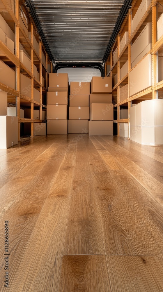 Poster empty moving truck interior shows boxes neatly stacked with folded blankets in the foreground, ready