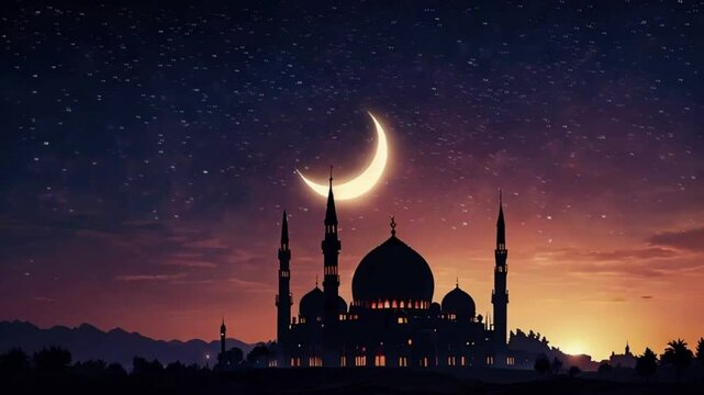 Fantasy illustration of a mosque skyline with a large moon in a dreamlike, vibrant desert setting. Islamic holiday, 4k High-Quality Wallpaper Background Animation Video