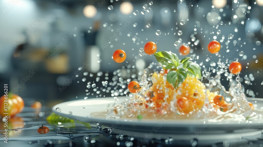 Poster water splashing around a plate of risotto with cherry tomatoes and basil garnish, creating a dynamic