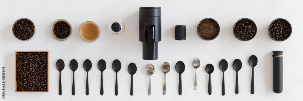 Poster coffee beans, cups, and spoons arranged neatly in a flat lay, creating a perfect setup for an enjoya