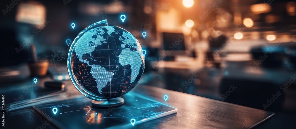 Poster illuminated globe with digital location markers on a desk.