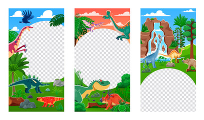 Dino party flyer templates with prehistoric dinosaurs in lush, jungle forest landscape. Vector frames or borders for promoting adventurous dinosaur themed events, parks, parties or kids entertainment