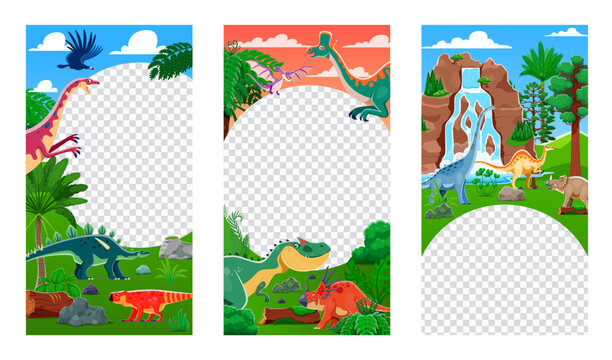 Dino party flyer templates with prehistoric dinosaurs in lush, jungle forest landscape. Vector frames or borders for promoting adventurous dinosaur themed events, parks, parties or kids entertainment