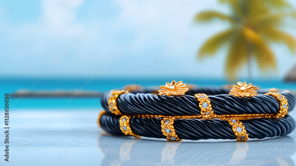 Poster elegant black and gold bracelets elegantly displayed against a serene beach backdrop with palm trees