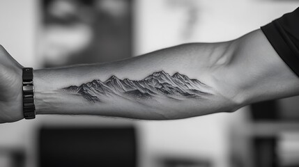 Black and white close-up of a mountain range tattoo on a man's forearm.