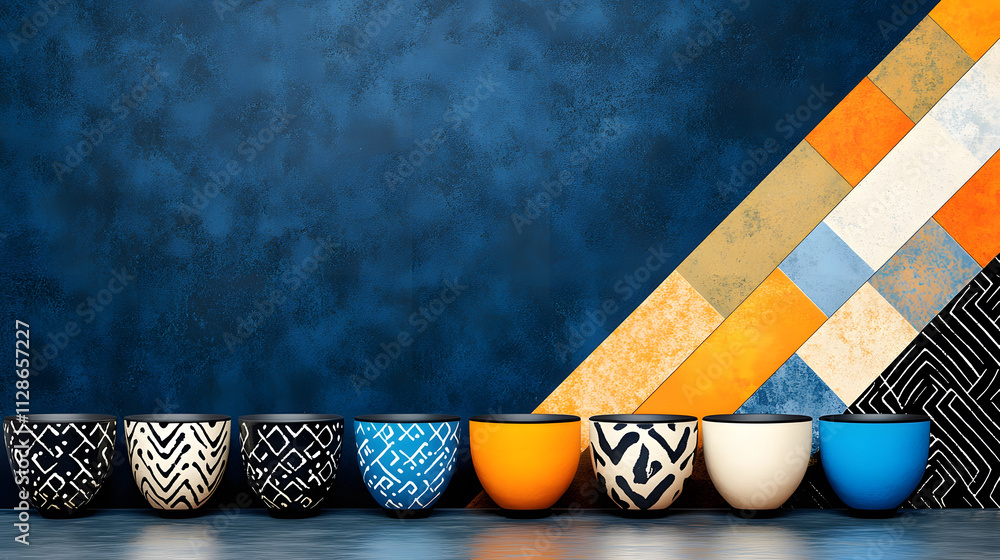 Poster a vibrant display of decorative bowls arranged against a bold geometric backdrop, showcasing unique 