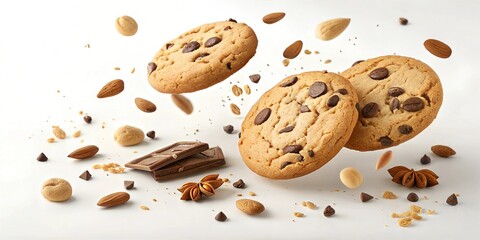 Delicious Falling Choc Chip Cookies With Crumbs Food Photography: Stock Photo For Backgrounds, Graphics, and Design Projects
