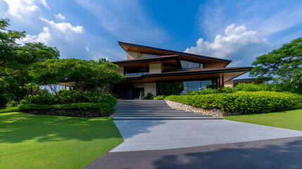 A modern architectural home surrounded by lush greenery under a bright blue sky, featuring a spacious entrance and landscaped garden