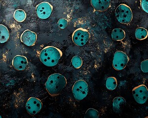 Metallic teal spots on a rich black solid gradient.