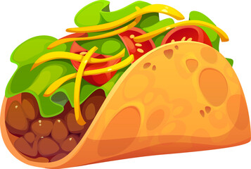 Cartoon Mexican taco with a crispy shell, filled with seasoned meat, fresh lettuce, tomatoes, and shredded cheese. Isolated vector traditional tex mex food, Hispanic cuisine snack, dish of Mexico