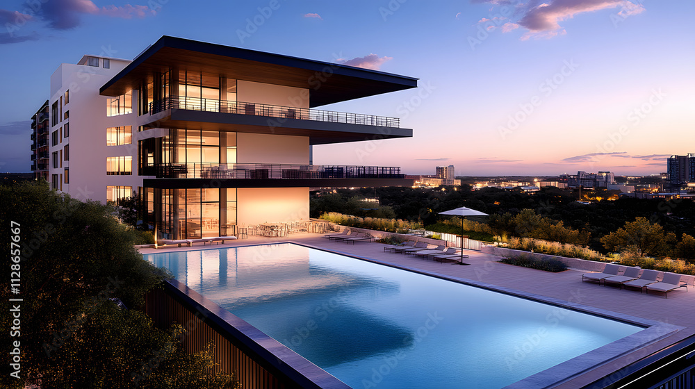 Poster a modern building with a luxurious pool at sunset, featuring sleek architecture and expansive balcon