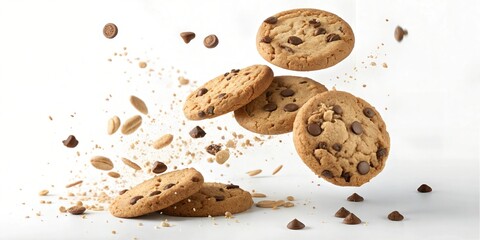Delicious Falling Choc Chip Cookies With Crumbs Food Photography: Stock Photo For Backgrounds, Graphics, and Design Projects