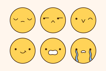 A cute emoji set with different facial expressions. Yellow characters with happy, joyful, sad, disappointed, surprised, crying mood. Vector doodle illustration. Perfect for social media, stickers.