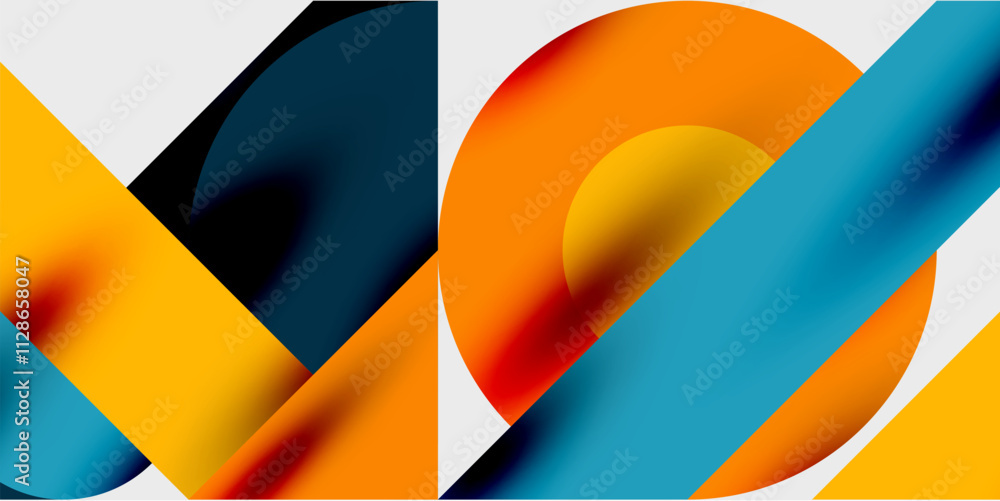 Poster detailed composition of circles, semicircles, and triangles with glossy effects and smooth gradients