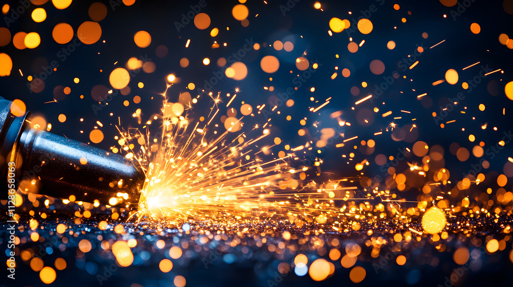 Poster A close-up view of a bullet casing with vibrant sparks and bokeh lights, showcasing a striking contrast between metallic and glowing elements